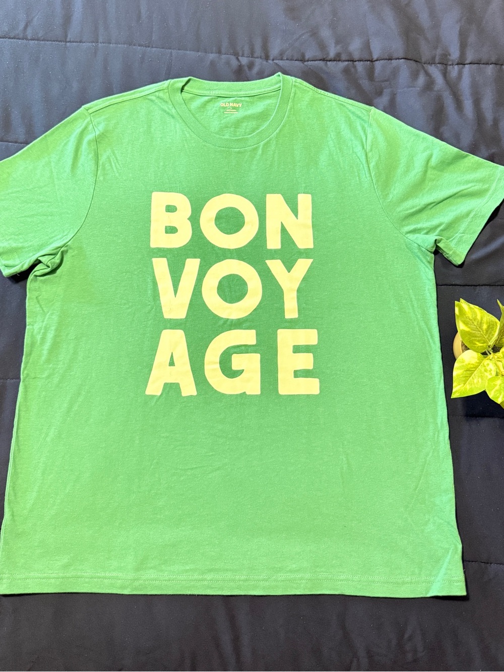 Old Navy Green Tee with Yellow 'BON VOY AGE' Graphic